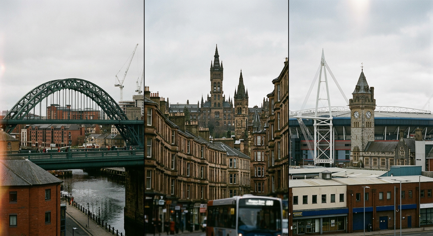 A panoramic collage or juxtaposed images of distinct UK city skylines, showcasing regional diversity in property markets.