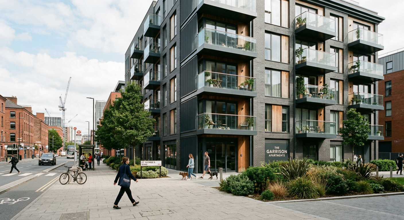 Contemporary, well-maintained exterior of a new apartment block in a thriving UK regional city, representing prime residential property.