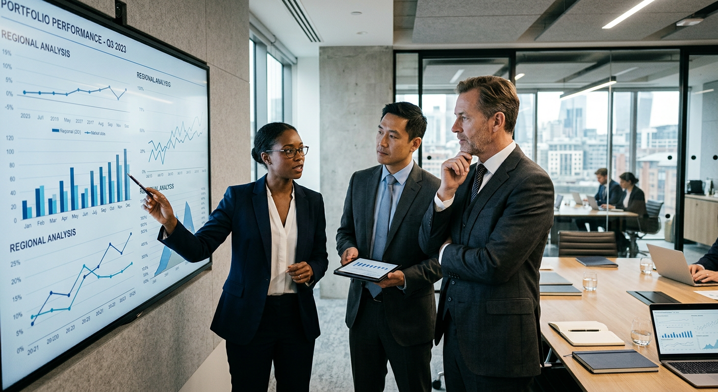 Two business professionals, smartly dressed, reviewing financial data on a large screen in a modern office, representing strategic investment discussions.