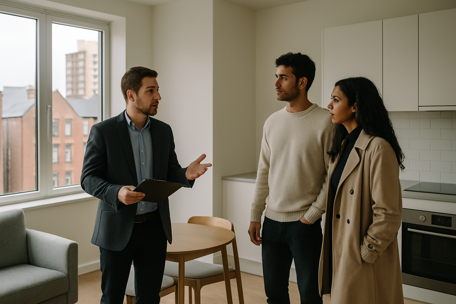 Prospective renters viewing a modern city-centre apartment in Liverpool
