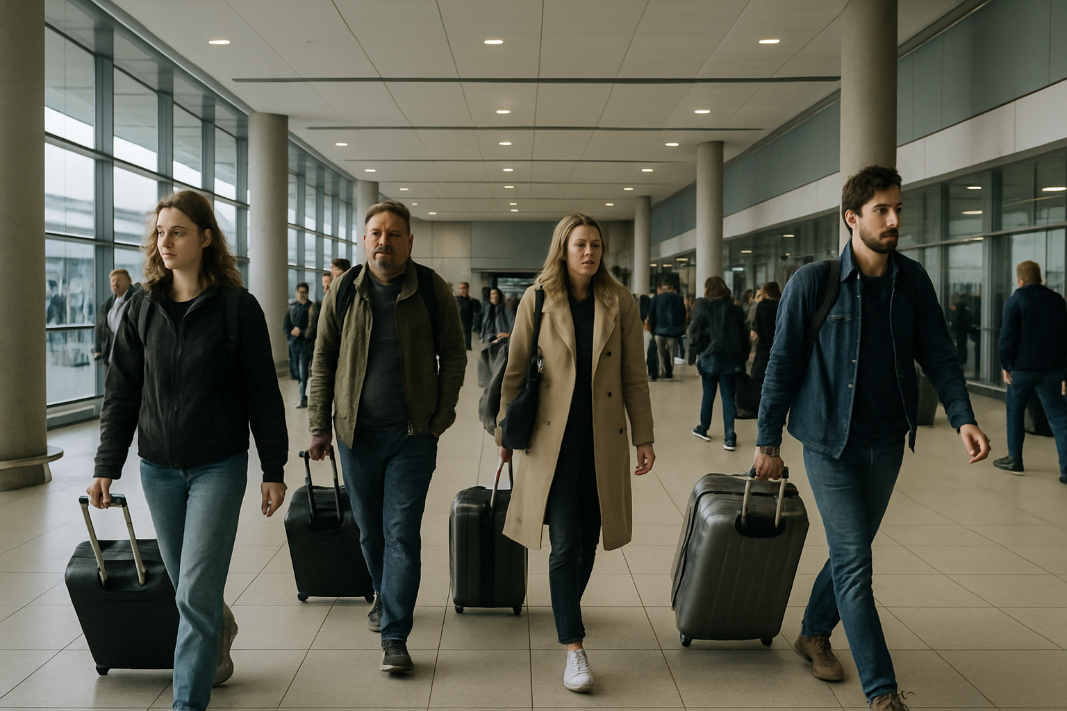 International travellers walking through a UK airport arrivals hall