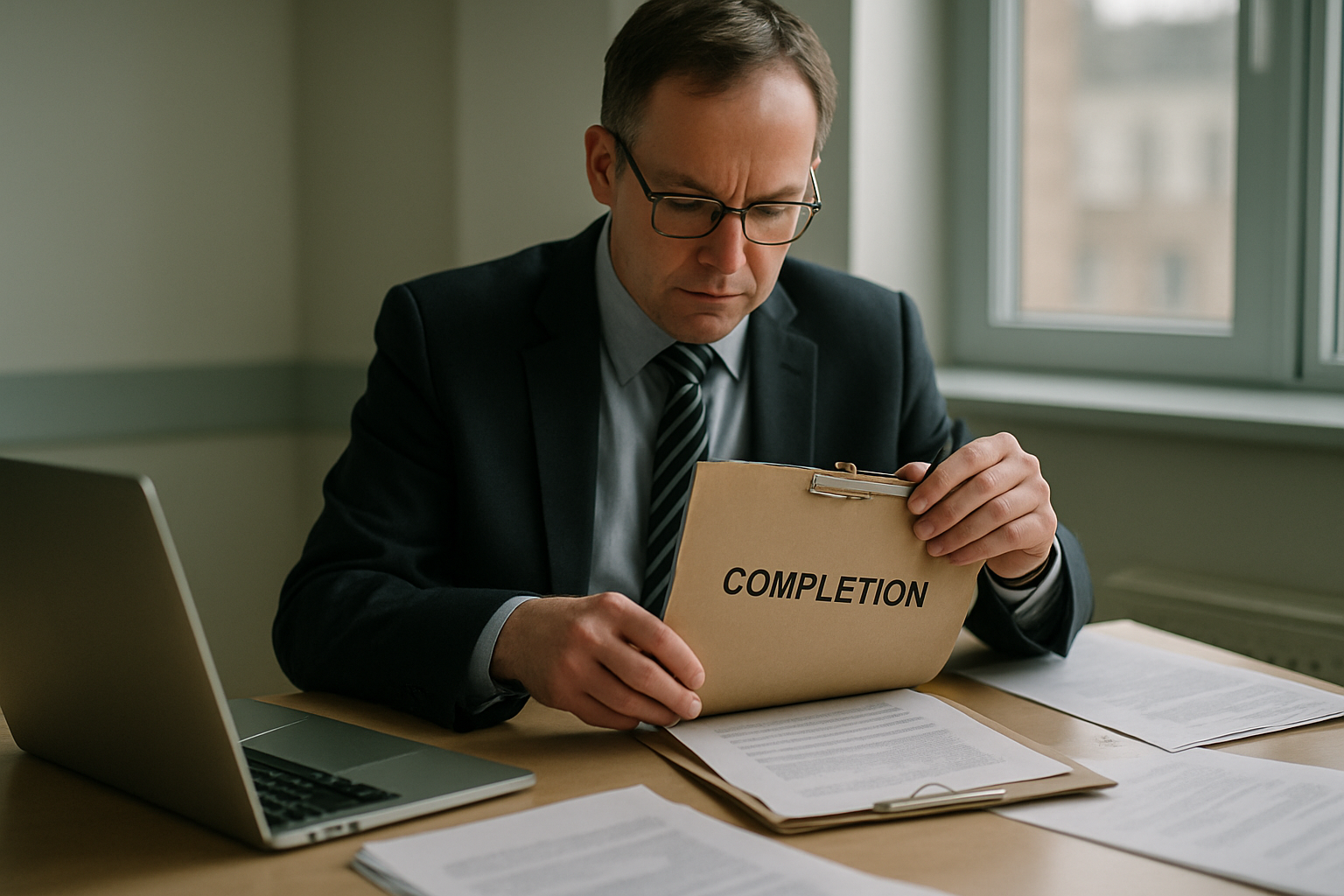 Conveyancing professional preparing a property completion file