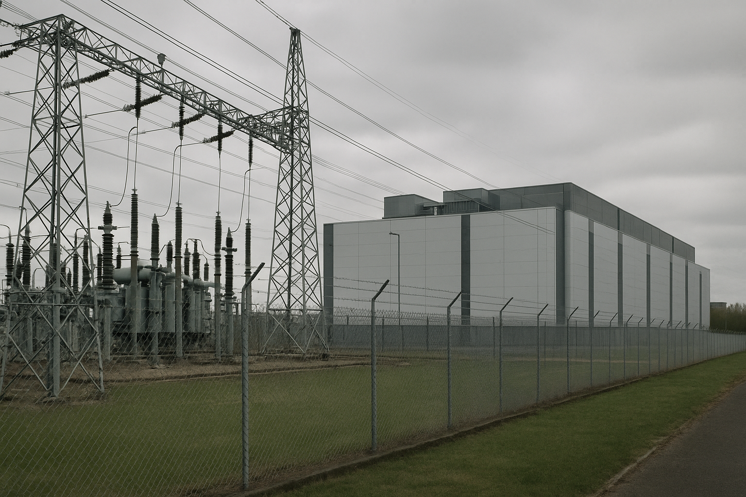 High-voltage electricity substation beside a data centre site