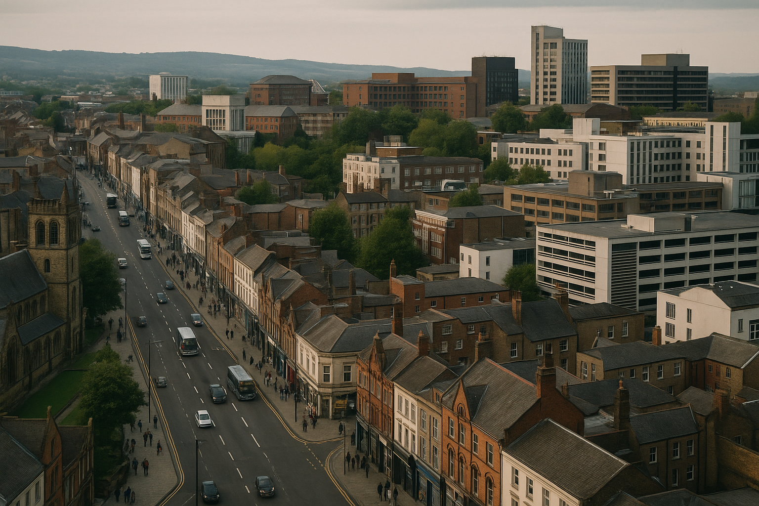 View across a dense regional UK city centre with university buildings